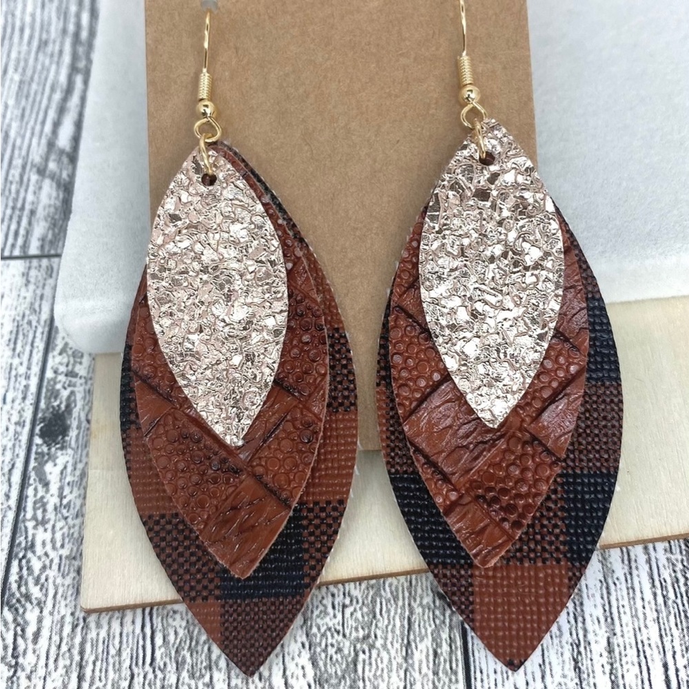 Leather Faux Earrings metallic gold and brown